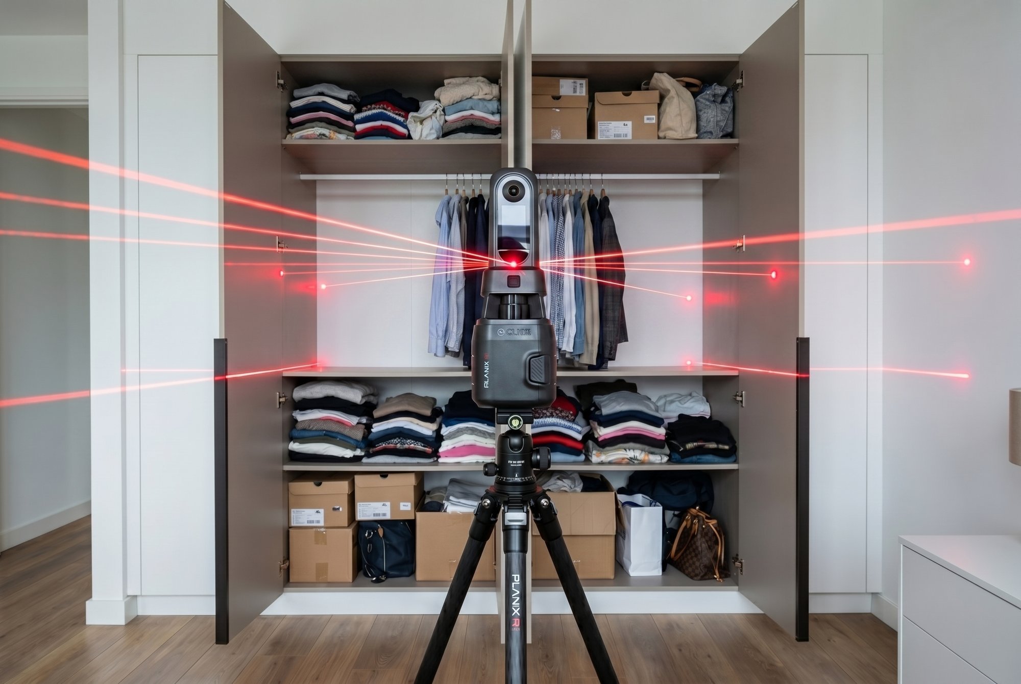 Kleding in het midden, vrije stroken aan de zijkanten op 150 cm hoogte — de laser bereikt de zijwanden en achterwand van de kast.