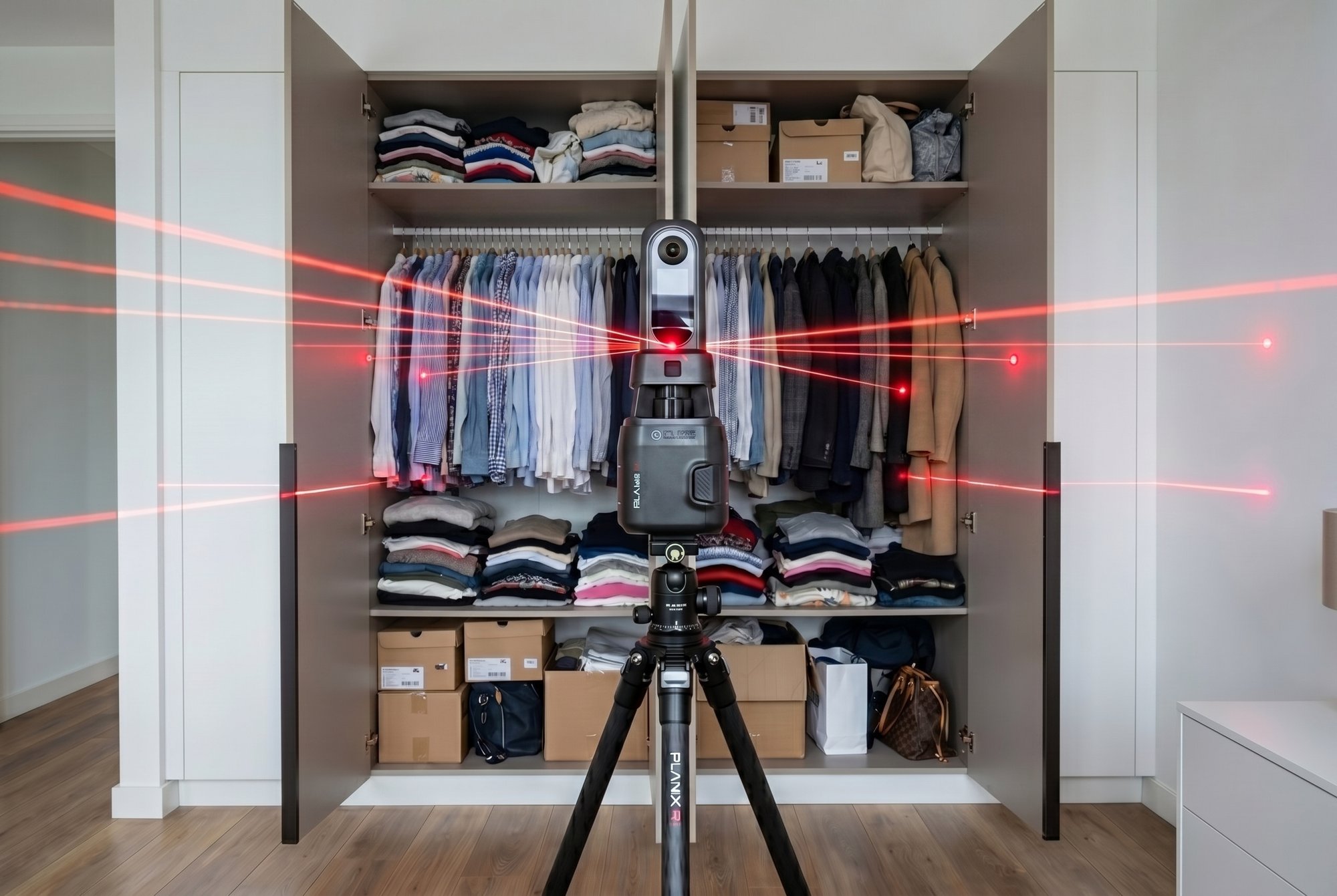 Kleding van rand tot rand, de laser wordt geblokkeerd door een dichte wand van textiel — de kastwanden zijn onzichtbaar, meten onmogelijk.